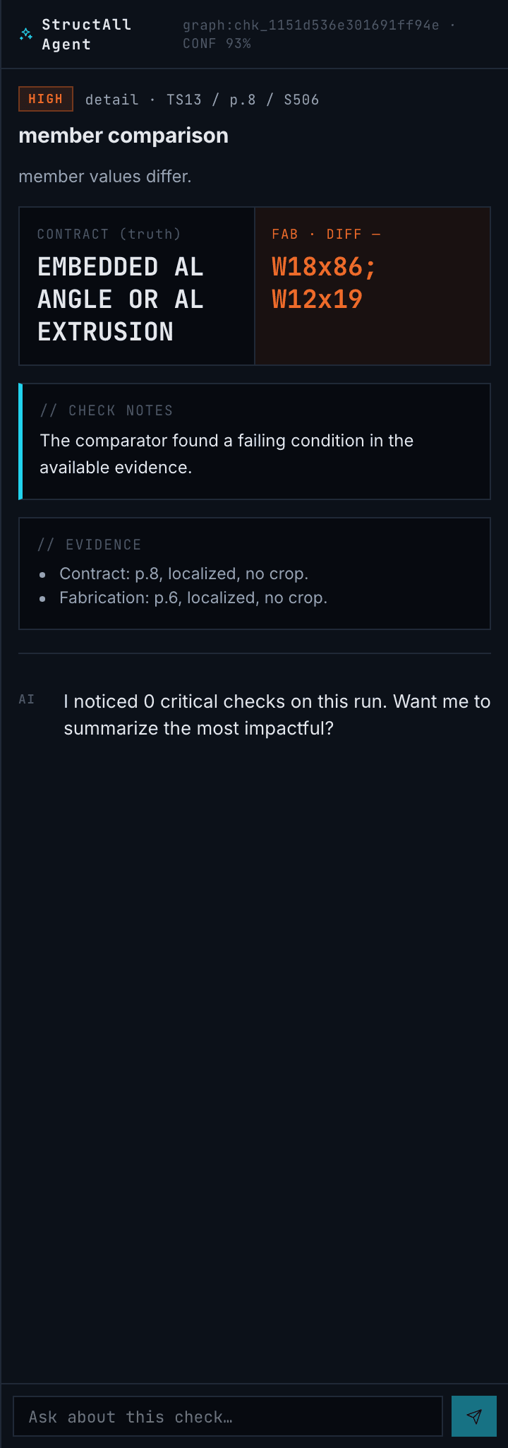 StructAll Agent panel showing a member comparison delta with contract and submitted values, check notes, and evidence references