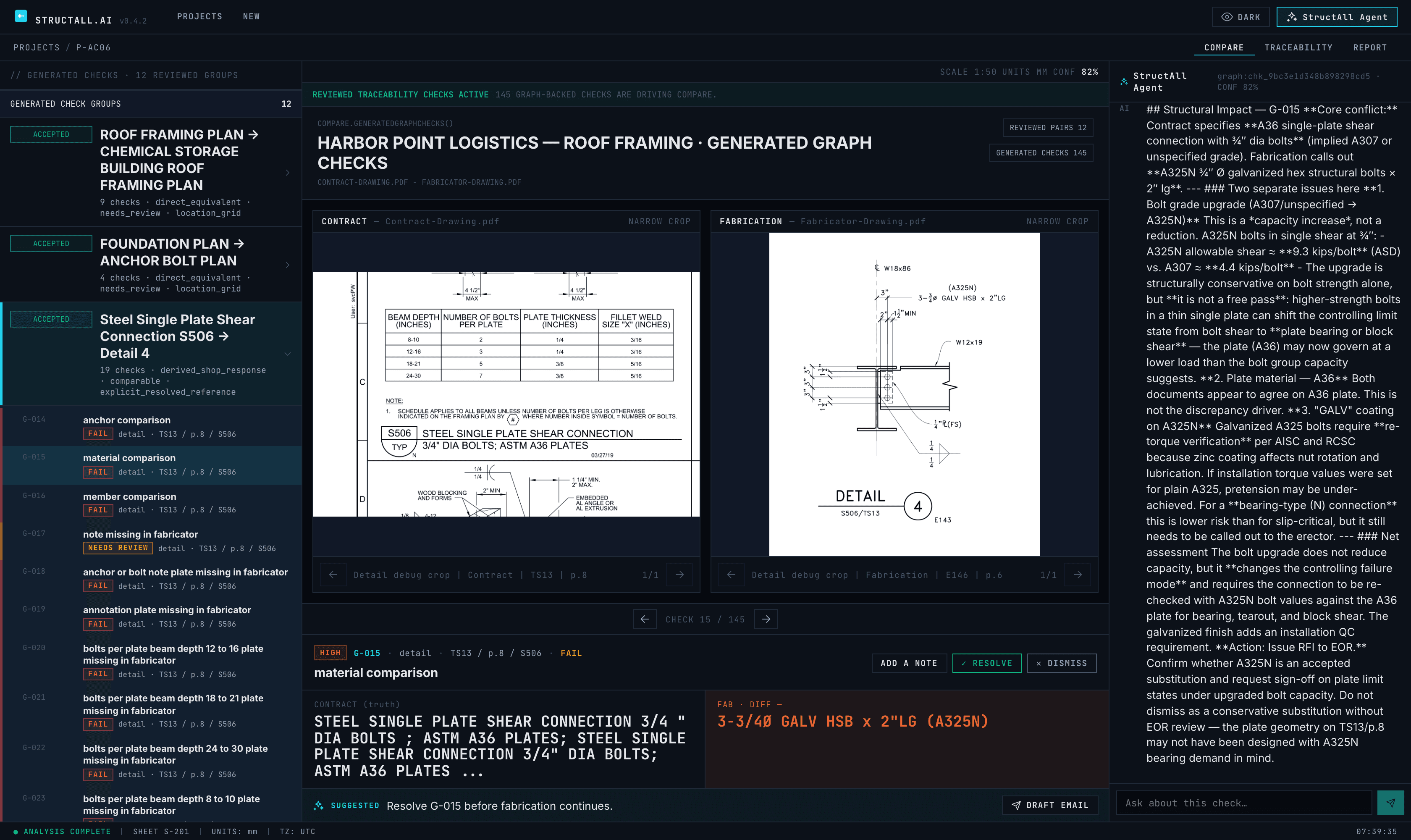 Compare workbench with the StructAll Agent rail answering a question about a selected delta