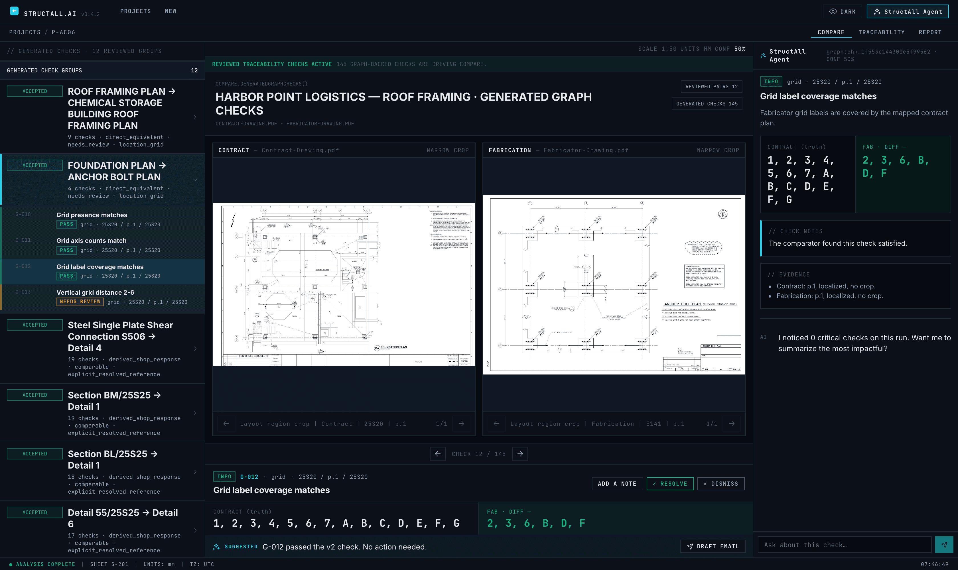 Compare workbench showing a delta's contract and fabrication detail crops side by side, with checks grouped by reviewed relationship